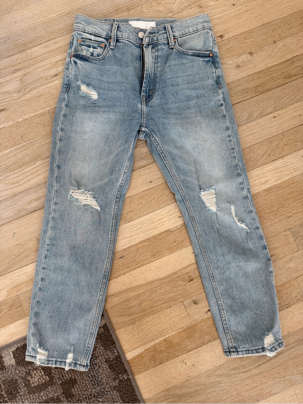 Mother Denim Light Wash Distressed High Rise Straight Leg Jeans